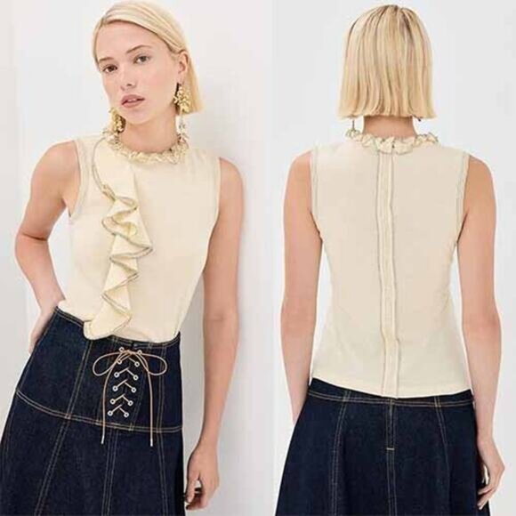 NWT Ulla Johnson Brea Ruffle Sleeveless Contrast Lightweight Wool Top Pearl XL - Picture 1 of 8